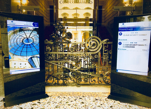 spinetix digital signage totems at the confcommercio building in milan