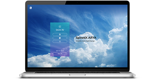 spinetix arya interface landing page in a laptop