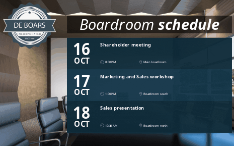 boardroom digital signage with calendar widget indicating room reservation