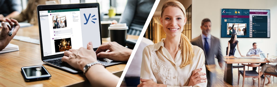 microsoft yammer on laptop vs on a digital display in office 