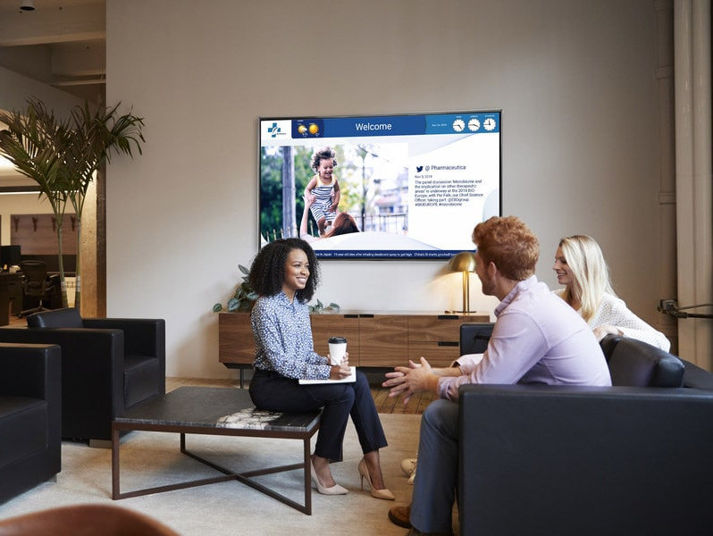 corporate welcome display with data-driven widgets