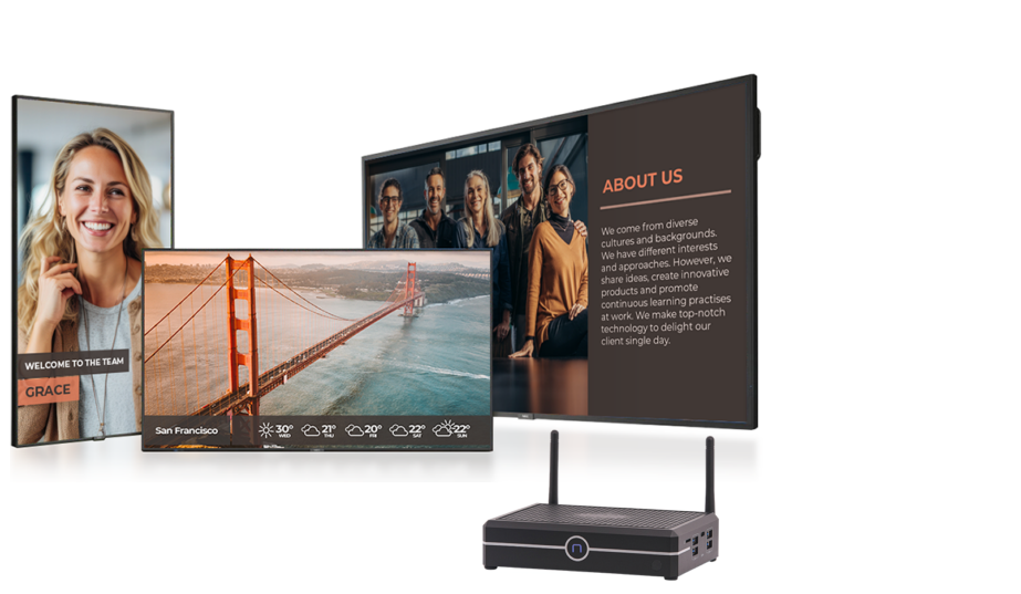 simply nuc everglades digital signage appliance with spinetix arya in front of digital signage screens