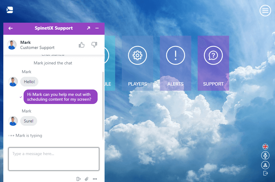 Live-Chat-Support-Fenster in der Spinetix-Arya-Oberfläche